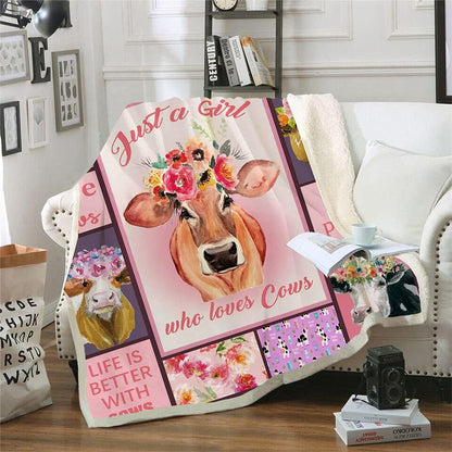 Just A Girl Who Love Cows Flower Pattern Blanket, Farm Blanket, Farm Animal Blanket