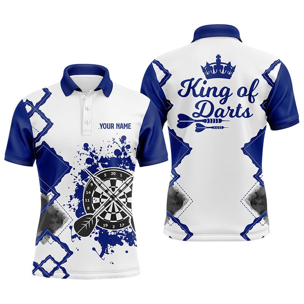 King Of Darts Blue White Mens Darts Polo Shirt Customized Darts Polo For Men, Darts Team Polo Shirt