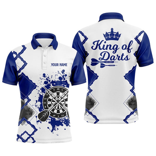 King Of Darts Blue White Mens Darts Polo Shirt Customized Darts Polo For Men, Darts Team Polo Shirt