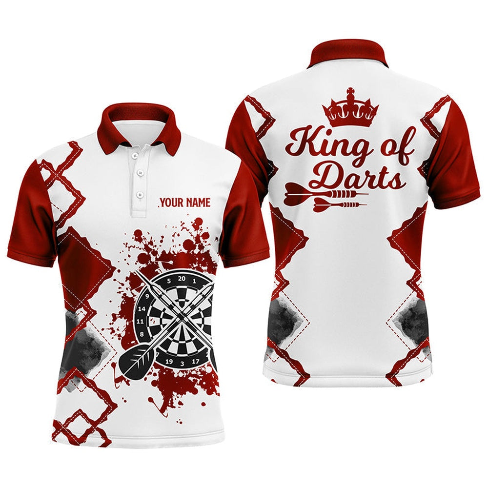 King Of Darts Red White Mens Darts Polo Shirt Customized Cool Darts Polo For Men, Darts Team Polo Shirt