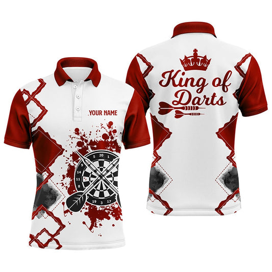King Of Darts Red White Mens Darts Polo Shirt Customized Cool Darts Polo For Men, Darts Team Polo Shirt