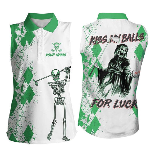 Kiss My Balls Sleeveless Golf Polo Shirts Skeleton Green Argyle Scary Halloween Golf Shirts, Women Golf Shirts