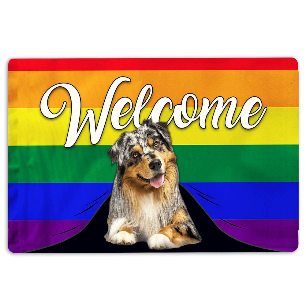 LGBT Welcome Doormat, LGBT Australian Shepherd Dog Welcome Pride Rainbow Flag Welcome Doormat, Pets Home Decor Door Mat