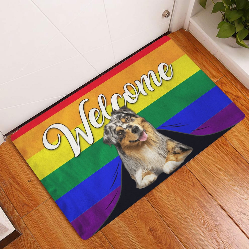 LGBT Welcome Doormat, LGBT Australian Shepherd Dog Welcome Pride Rainbow Flag Welcome Doormat, Pets Home Decor Door Mat