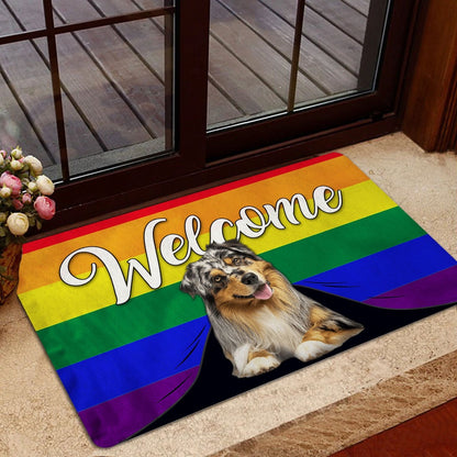 LGBT Welcome Doormat, LGBT Australian Shepherd Dog Welcome Pride Rainbow Flag Welcome Doormat, Pets Home Decor Door Mat