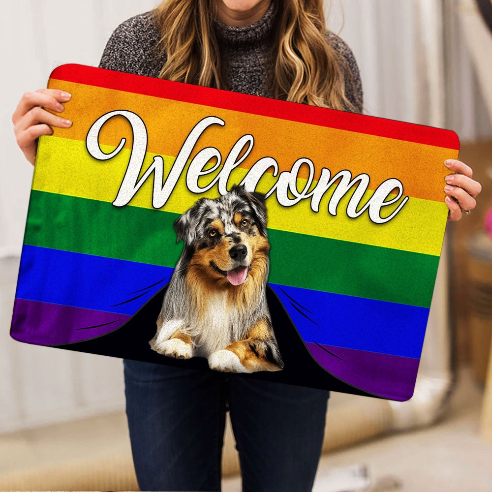 LGBT Welcome Doormat, LGBT Australian Shepherd Dog Welcome Pride Rainbow Flag Welcome Doormat, Pets Home Decor Door Mat
