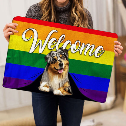 LGBT Welcome Doormat, LGBT Australian Shepherd Dog Welcome Pride Rainbow Flag Welcome Doormat, Pets Home Decor Door Mat