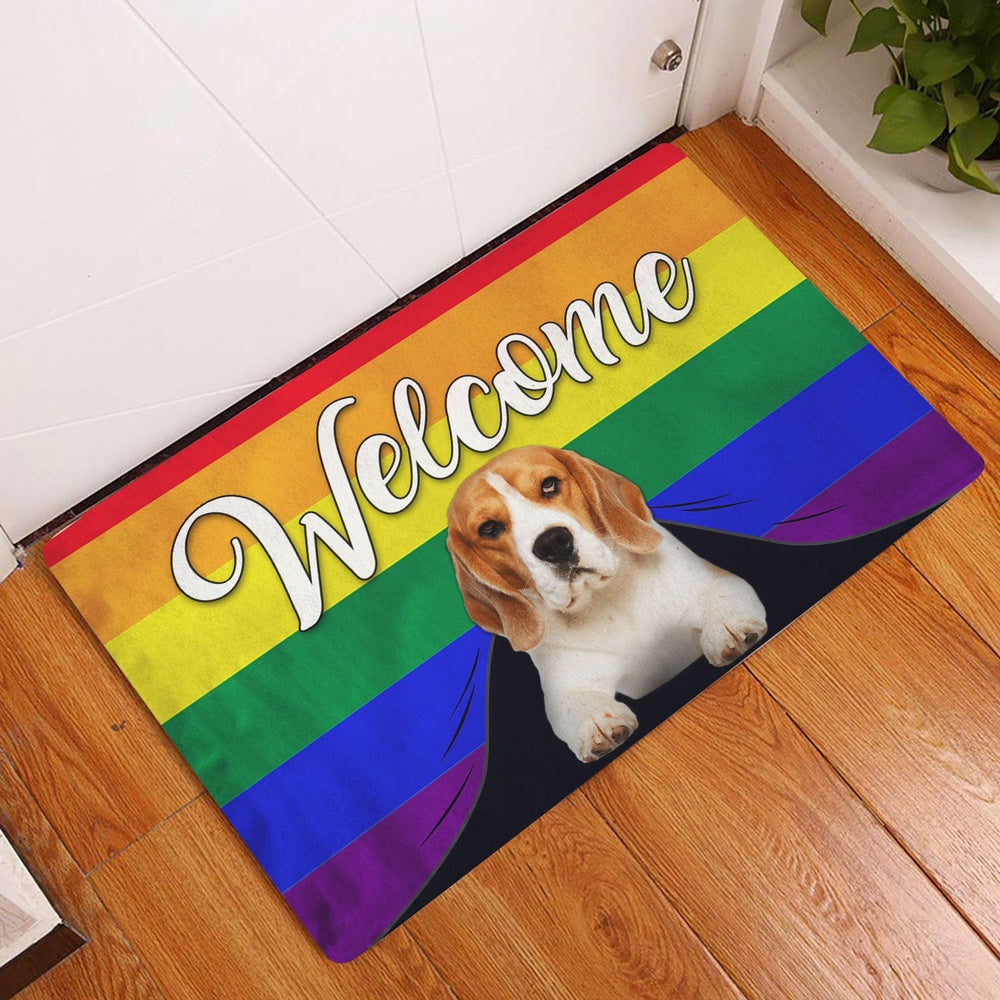 LGBT Welcome Doormat, LGBT Beagle Dog Welcome Pride Rainbow Flag Welcome Doormat, Pets Home Decor Door Mat
