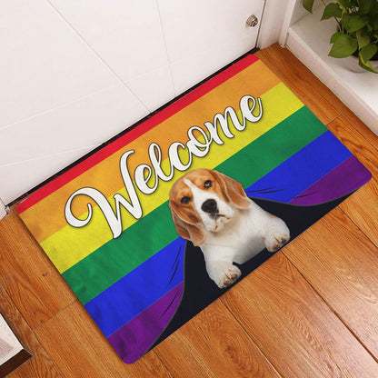 LGBT Welcome Doormat, LGBT Beagle Dog Welcome Pride Rainbow Flag Welcome Doormat, Pets Home Decor Door Mat