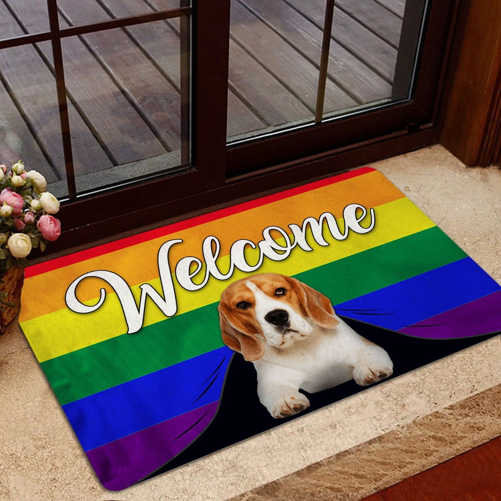LGBT Welcome Doormat, LGBT Beagle Dog Welcome Pride Rainbow Flag Welcome Doormat, Pets Home Decor Door Mat