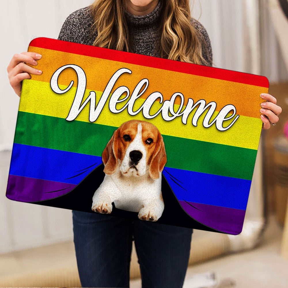 LGBT Welcome Doormat, LGBT Beagle Dog Welcome Pride Rainbow Flag Welcome Doormat, Pets Home Decor Door Mat