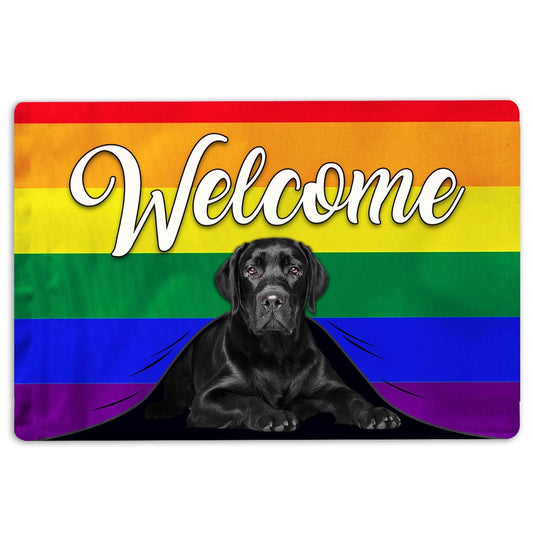 LGBT Welcome Doormat, LGBT Black Labrador Dog Welcome Pride Rainbow Flag Welcome Doormat, Pets Home Decor Door Mat