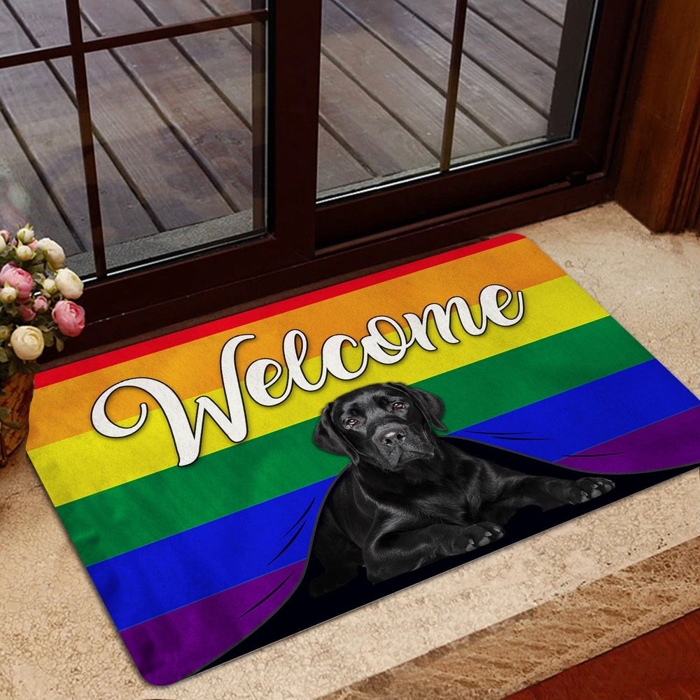 LGBT Welcome Doormat, LGBT Black Labrador Dog Welcome Pride Rainbow Flag Welcome Doormat, Pets Home Decor Door Mat