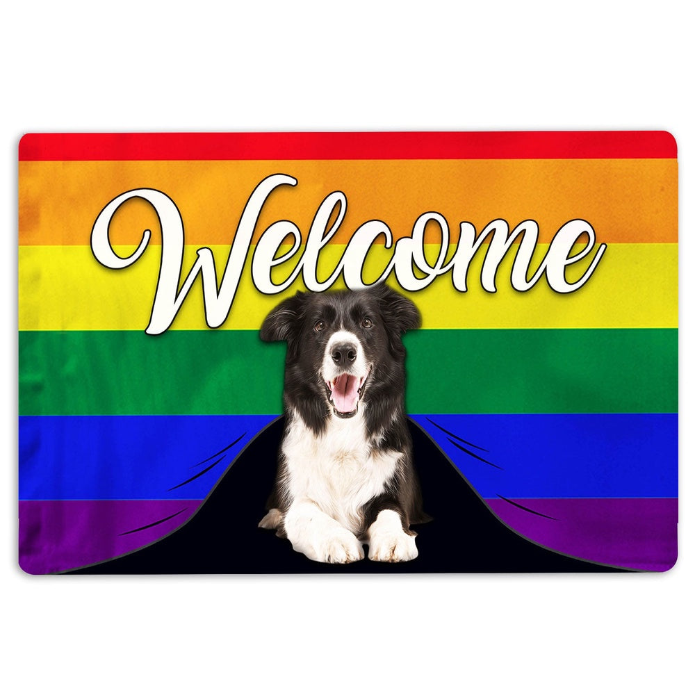LGBT Welcome Doormat, LGBT Border Collie Dog Welcome Pride Rainbow Flag Welcome Doormat, Pets Home Decor Door Mat