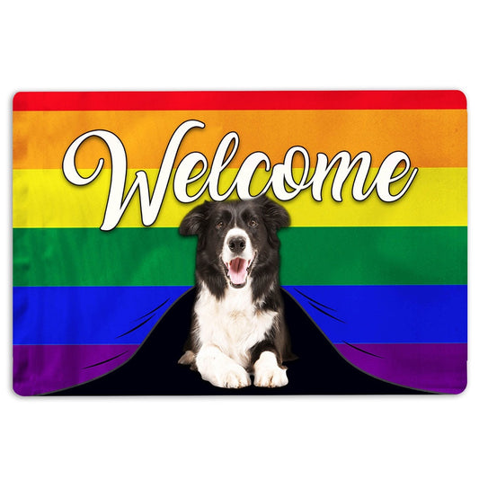 LGBT Welcome Doormat, LGBT Border Collie Dog Welcome Pride Rainbow Flag Welcome Doormat, Pets Home Decor Door Mat