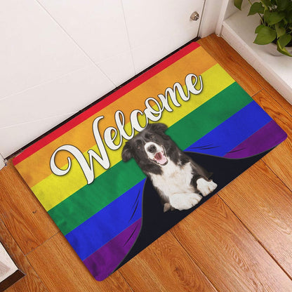 LGBT Welcome Doormat, LGBT Border Collie Dog Welcome Pride Rainbow Flag Welcome Doormat, Pets Home Decor Door Mat