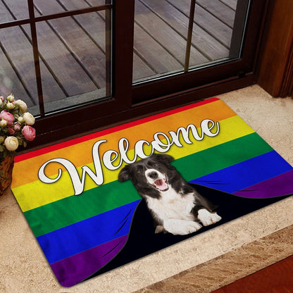 LGBT Welcome Doormat, LGBT Border Collie Dog Welcome Pride Rainbow Flag Welcome Doormat, Pets Home Decor Door Mat