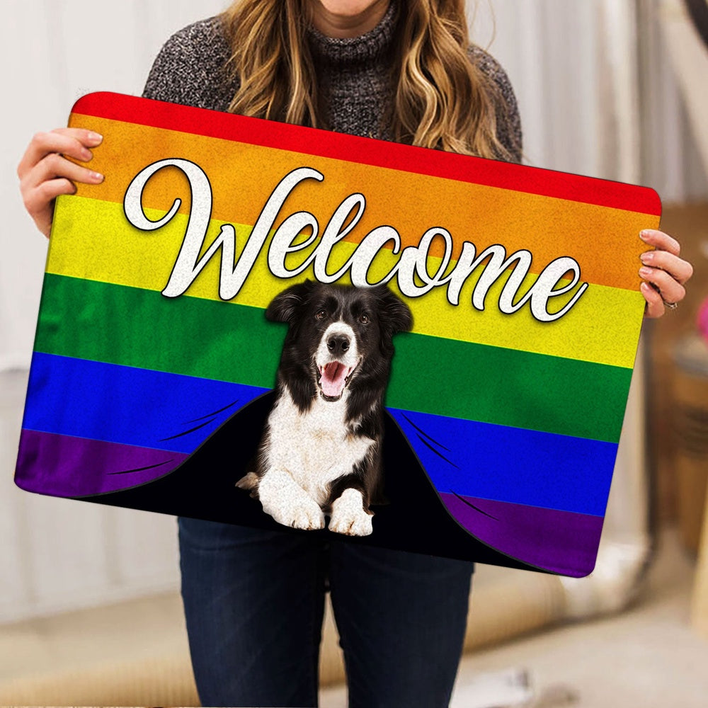 LGBT Welcome Doormat, LGBT Border Collie Dog Welcome Pride Rainbow Flag Welcome Doormat, Pets Home Decor Door Mat