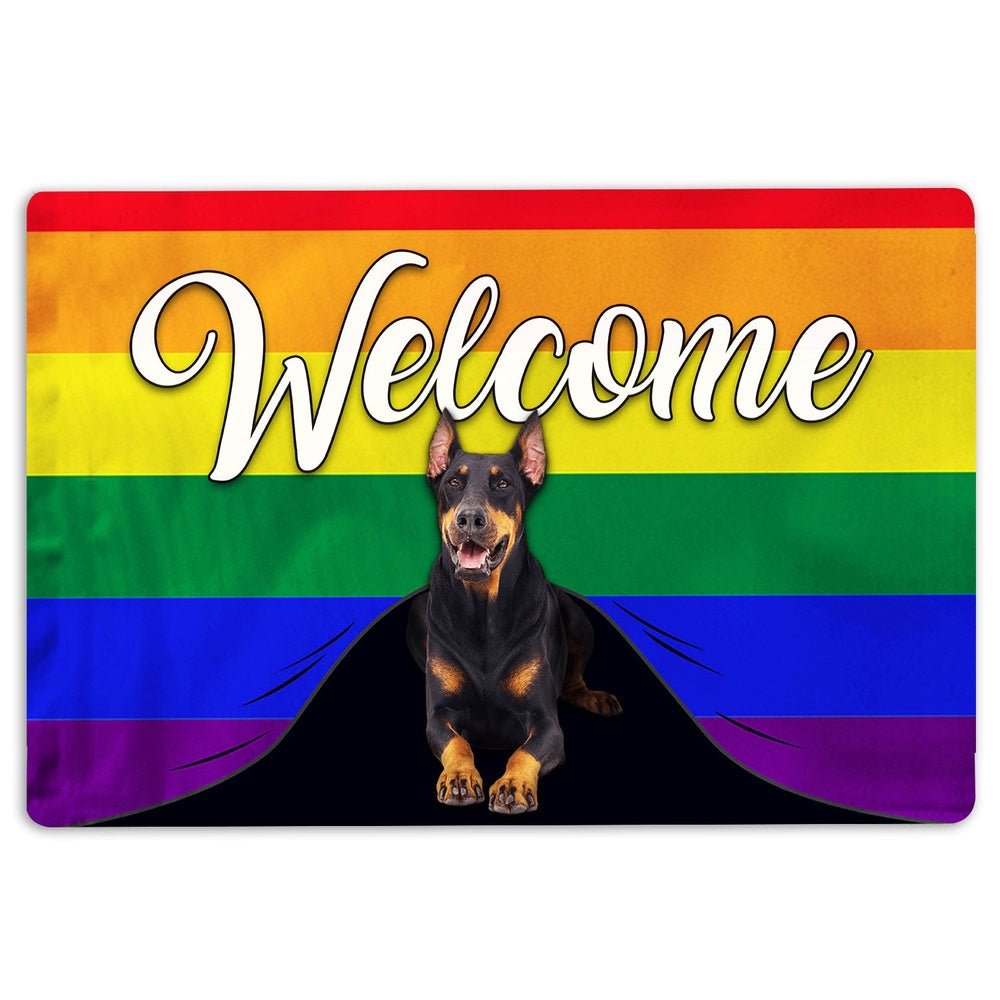 LGBT Welcome Doormat, LGBT Dobermann Dog Welcome Pride Rainbow Flag Welcome Doormat, Pets Home Decor Door Mat