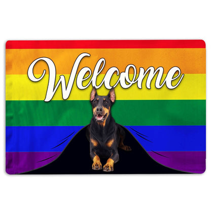 LGBT Welcome Doormat, LGBT Dobermann Dog Welcome Pride Rainbow Flag Welcome Doormat, Pets Home Decor Door Mat