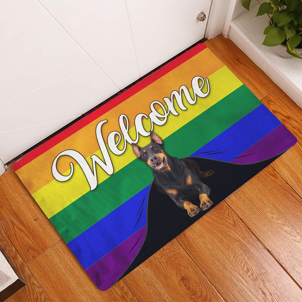 LGBT Welcome Doormat, LGBT Dobermann Dog Welcome Pride Rainbow Flag Welcome Doormat, Pets Home Decor Door Mat