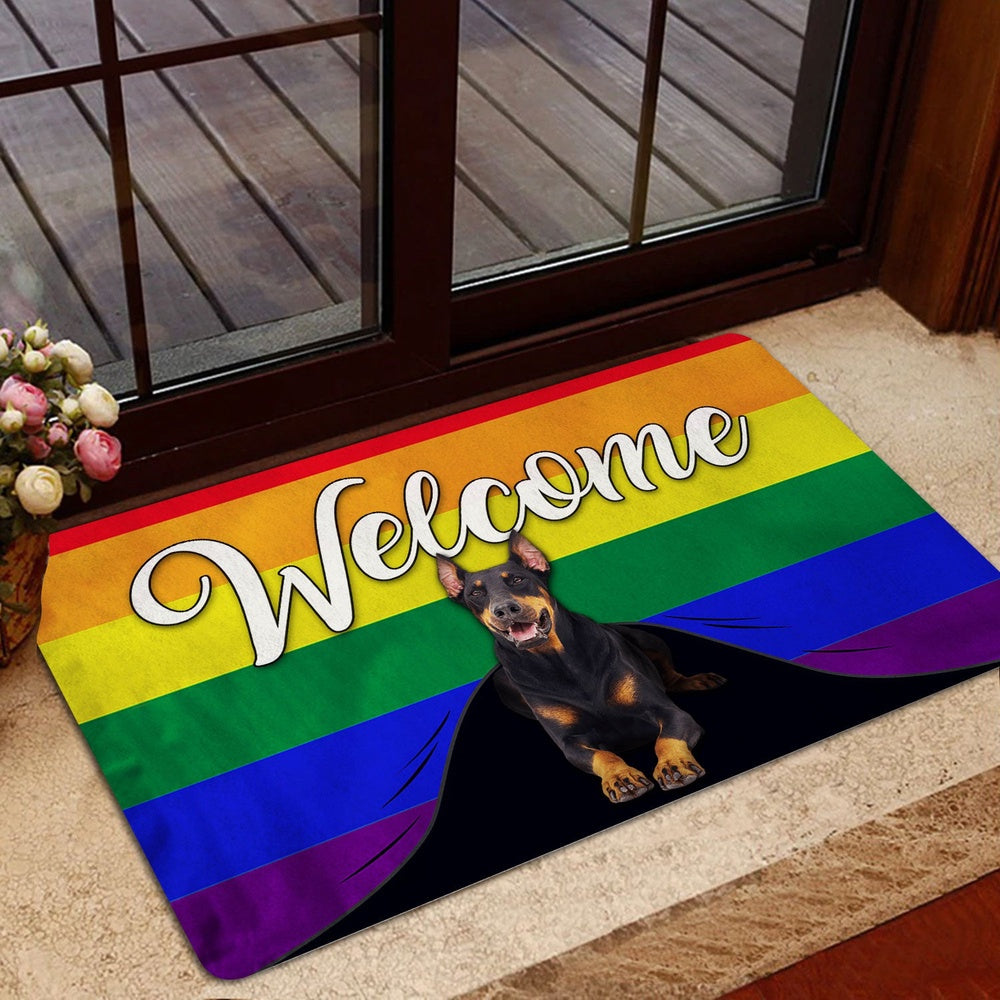 LGBT Welcome Doormat, LGBT Dobermann Dog Welcome Pride Rainbow Flag Welcome Doormat, Pets Home Decor Door Mat