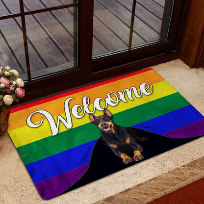 LGBT Welcome Doormat, LGBT Dobermann Dog Welcome Pride Rainbow Flag Welcome Doormat, Pets Home Decor Door Mat