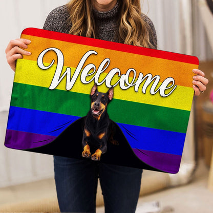 LGBT Welcome Doormat, LGBT Dobermann Dog Welcome Pride Rainbow Flag Welcome Doormat, Pets Home Decor Door Mat