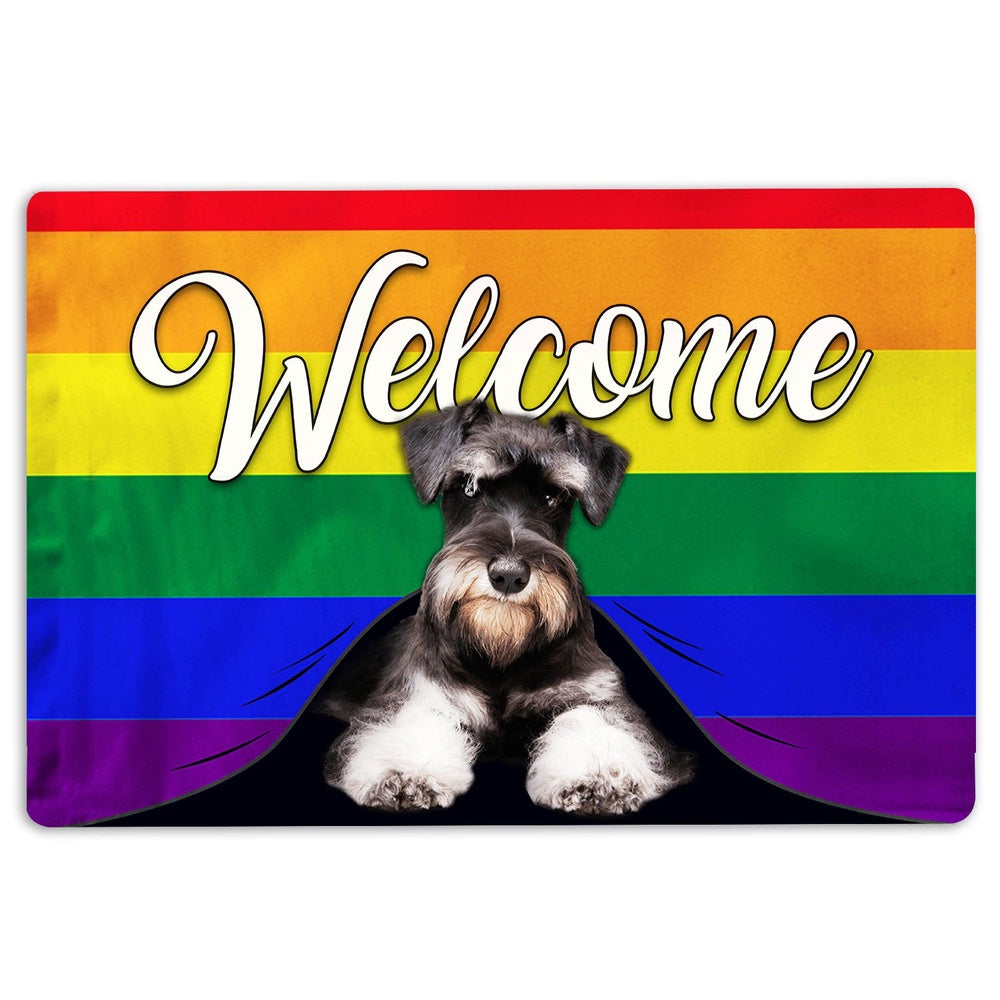 LGBT Welcome Doormat, LGBT Miniature Schnauzer Dog Welcome Pride Rainbow Flag Welcome Doormat, Pets Home Decor Door Mat