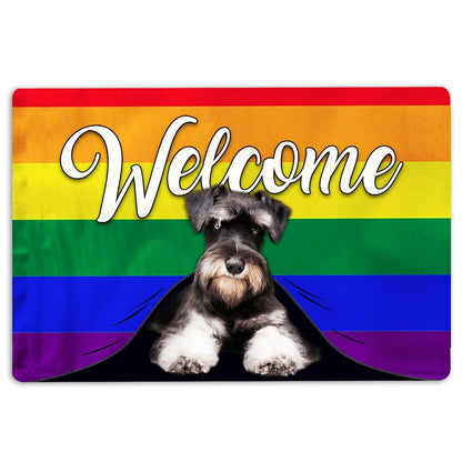 LGBT Welcome Doormat, LGBT Miniature Schnauzer Dog Welcome Pride Rainbow Flag Welcome Doormat, Pets Home Decor Door Mat