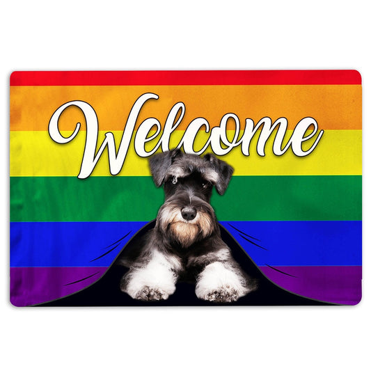 LGBT Welcome Doormat, LGBT Miniature Schnauzer Dog Welcome Pride Rainbow Flag Welcome Doormat, Pets Home Decor Door Mat