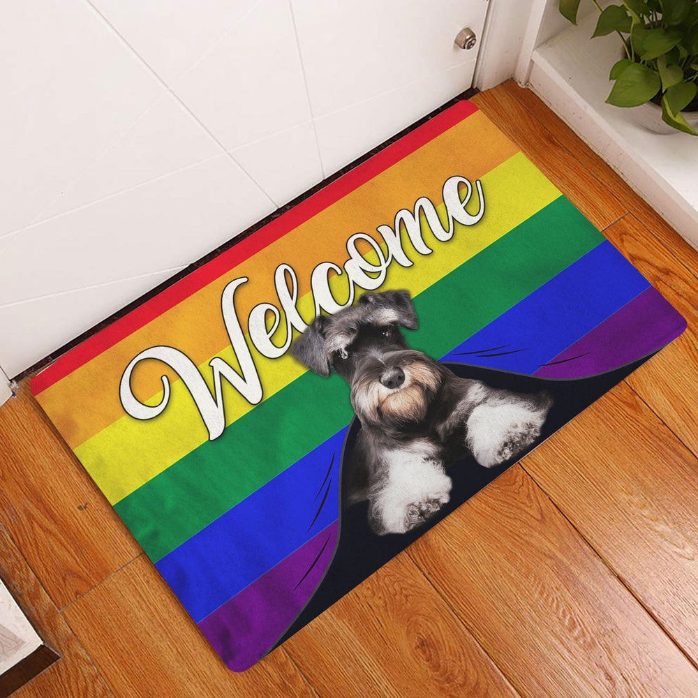 LGBT Welcome Doormat, LGBT Miniature Schnauzer Dog Welcome Pride Rainbow Flag Welcome Doormat, Pets Home Decor Door Mat