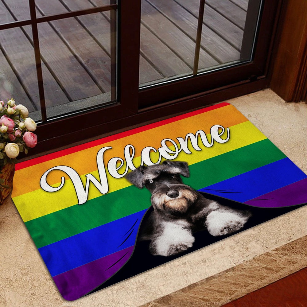 LGBT Welcome Doormat, LGBT Miniature Schnauzer Dog Welcome Pride Rainbow Flag Welcome Doormat, Pets Home Decor Door Mat