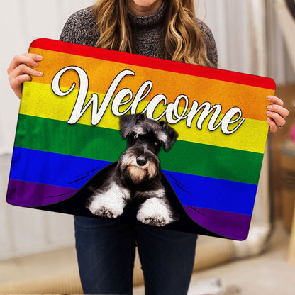 LGBT Welcome Doormat, LGBT Miniature Schnauzer Dog Welcome Pride Rainbow Flag Welcome Doormat, Pets Home Decor Door Mat