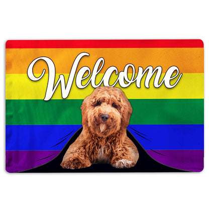 LGBT Welcome Doormat, LGBT Poodle Dog Welcome Pride Rainbow Flag Welcome Doormat, Indoor Outdoor Doormat Home Decor