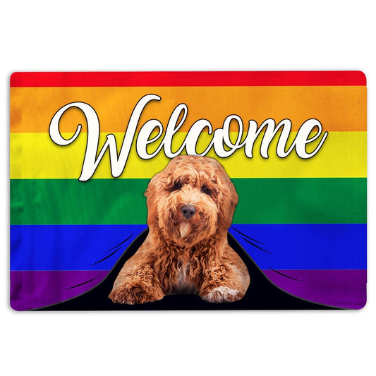 LGBT Welcome Doormat, LGBT Poodle Dog Welcome Pride Rainbow Flag Welcome Doormat, Indoor Outdoor Doormat Home Decor