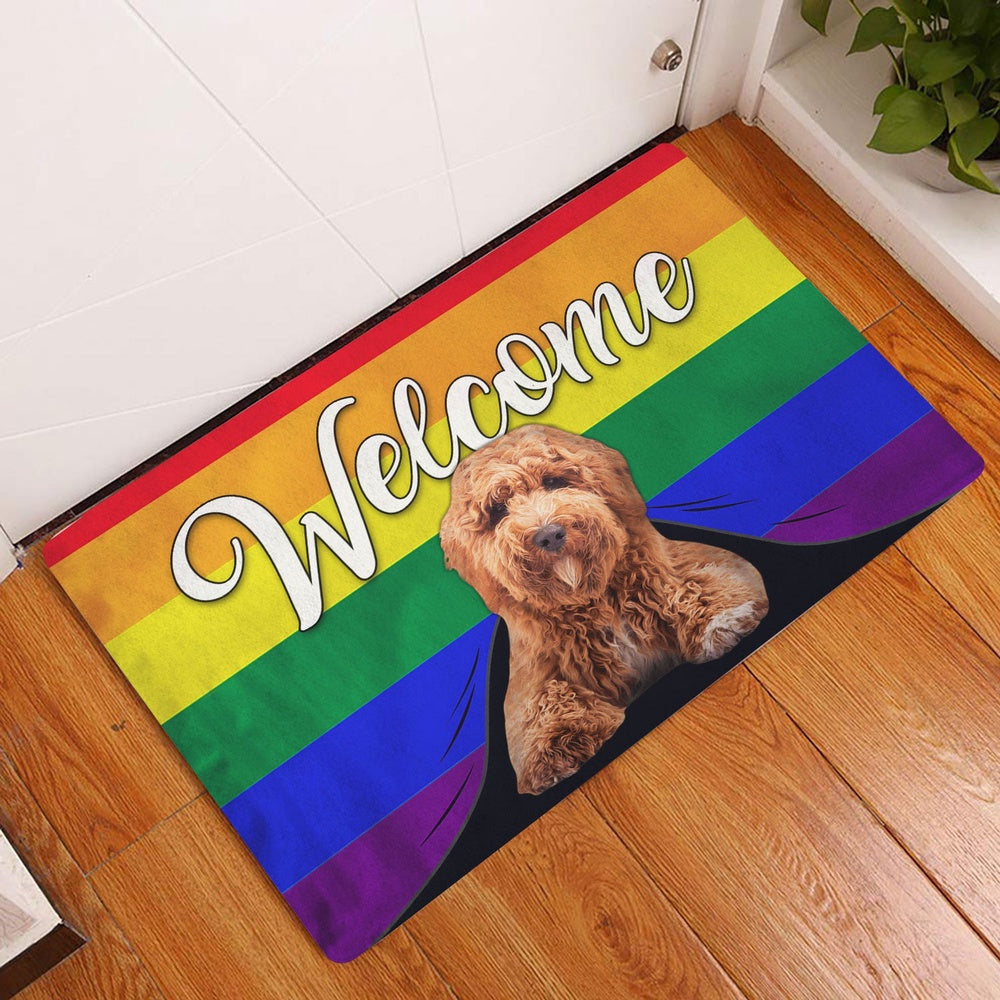LGBT Welcome Doormat, LGBT Poodle Dog Welcome Pride Rainbow Flag Welcome Doormat, Indoor Outdoor Doormat Home Decor