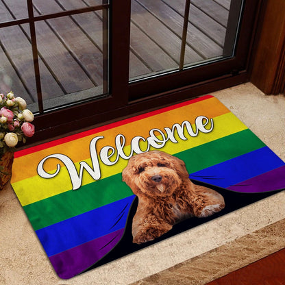 LGBT Welcome Doormat, LGBT Poodle Dog Welcome Pride Rainbow Flag Welcome Doormat, Indoor Outdoor Doormat Home Decor