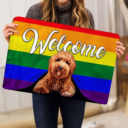 LGBT Welcome Doormat, LGBT Poodle Dog Welcome Pride Rainbow Flag Welcome Doormat, Indoor Outdoor Doormat Home Decor