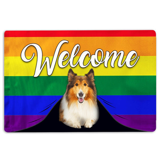 LGBT Welcome Doormat, LGBT Rough Collie Dog Welcome Pride Rainbow Flag Welcome Doormat, Indoor Outdoor Doormat Home Decor