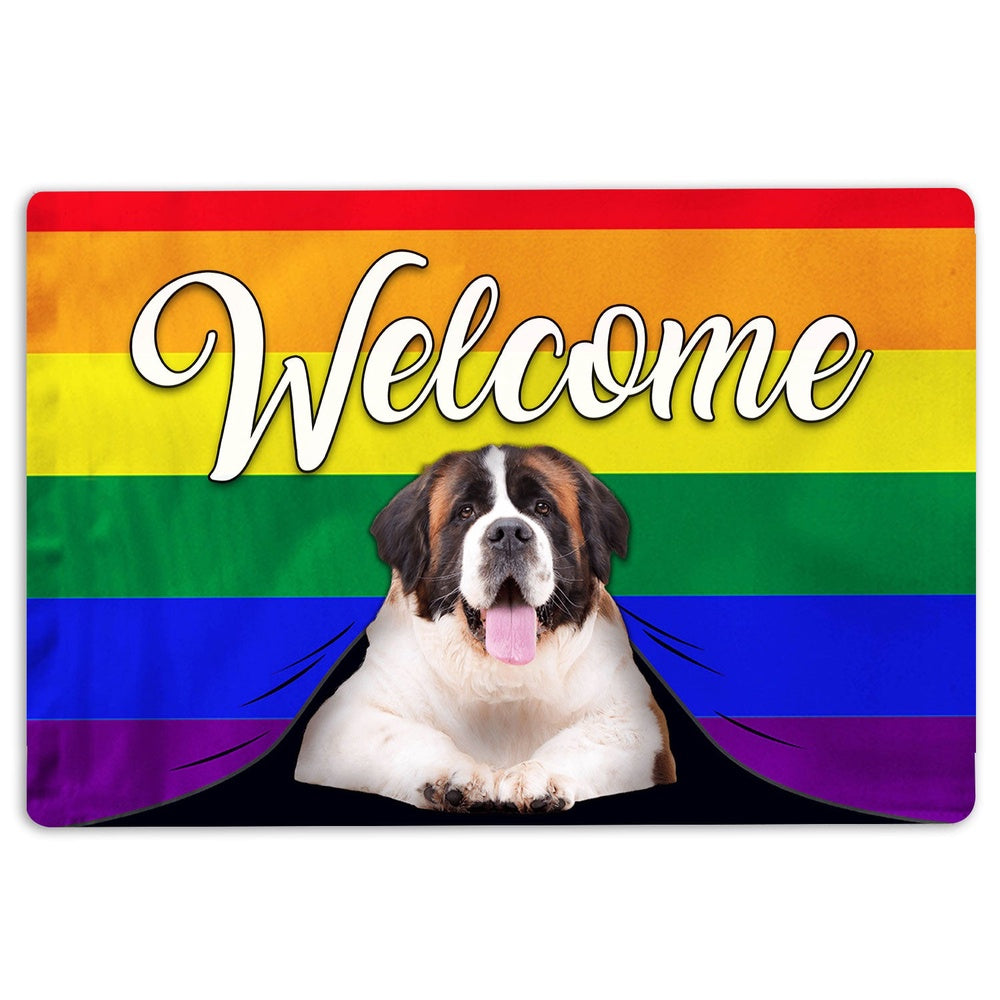 LGBT Welcome Doormat, LGBT Saint Bernard Dog Welcome Pride Rainbow Flag Welcome Doormat, Indoor Outdoor Doormat Home Decor