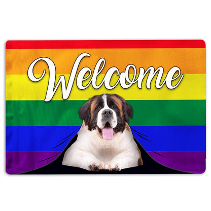 LGBT Welcome Doormat, LGBT Saint Bernard Dog Welcome Pride Rainbow Flag Welcome Doormat, Indoor Outdoor Doormat Home Decor