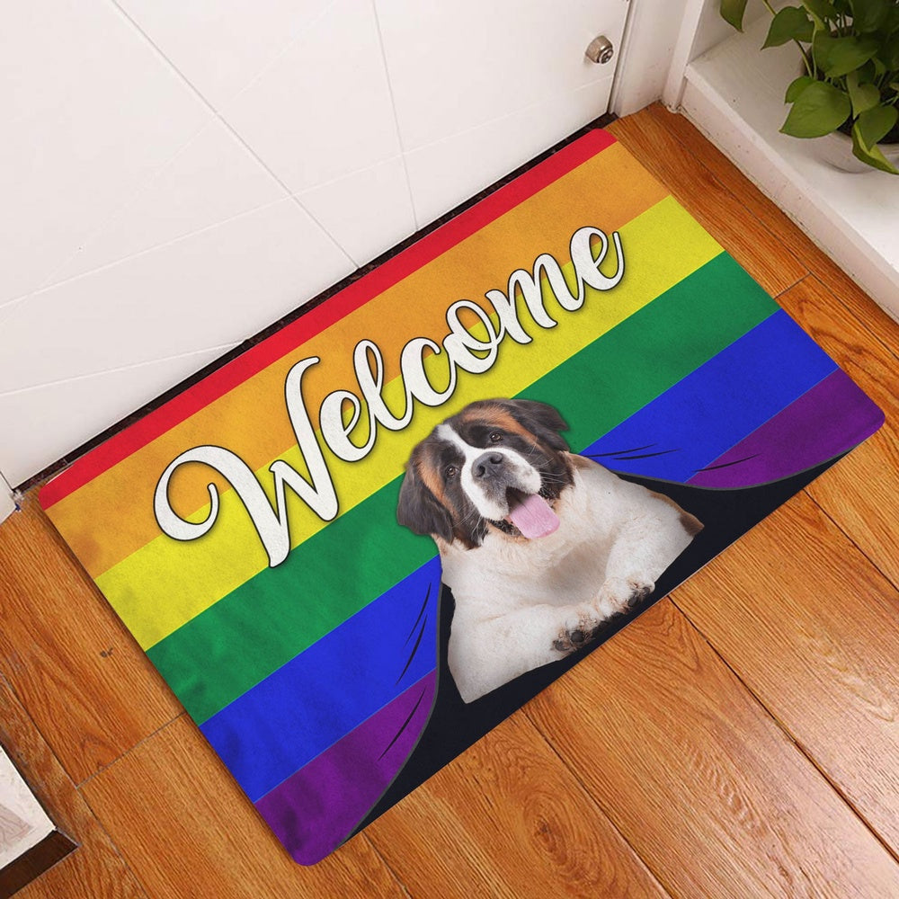 LGBT Welcome Doormat, LGBT Saint Bernard Dog Welcome Pride Rainbow Flag Welcome Doormat, Indoor Outdoor Doormat Home Decor