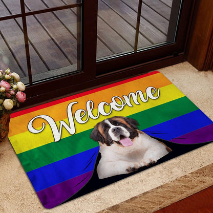LGBT Welcome Doormat, LGBT Saint Bernard Dog Welcome Pride Rainbow Flag Welcome Doormat, Indoor Outdoor Doormat Home Decor