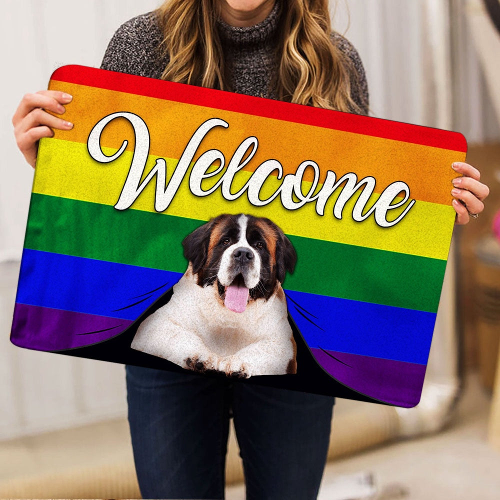 LGBT Welcome Doormat, LGBT Saint Bernard Dog Welcome Pride Rainbow Flag Welcome Doormat, Indoor Outdoor Doormat Home Decor