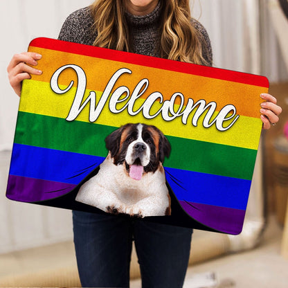 LGBT Welcome Doormat, LGBT Saint Bernard Dog Welcome Pride Rainbow Flag Welcome Doormat, Indoor Outdoor Doormat Home Decor