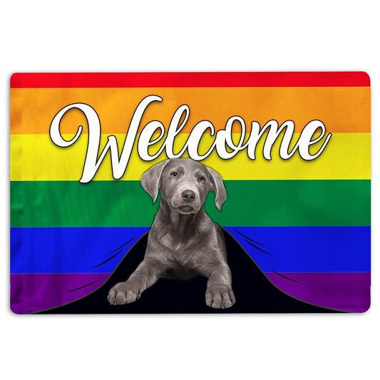 LGBT Welcome Doormat, LGBT Silver Labrador Dog Welcome Pride Rainbow Flag Welcome Doormat, Indoor Outdoor Doormat Home Decor