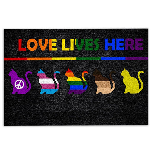 LGBT Welcome Doormat, LGBT Support LGBTQ Pride Month Love Lives Here Rainbow Flag Cat Welcome Doormat, Indoor Outdoor Doormat Home Decor