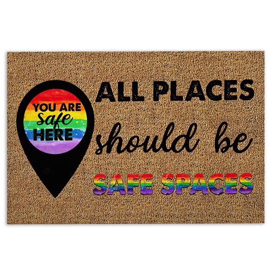 LGBT Welcome Doormat, LGBT pride support gift idea rainbow location safe space brown Welcome Doormat, Indoor Outdoor Doormat Home Decor