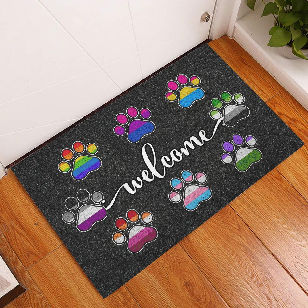 LGBT Welcome Doormat, Lgbtq Lgbt All Are Welcome Here Dog Cat Paw Rainbow Pride Month Welcome Doormat, Indoor Outdoor Doormat Home Decor